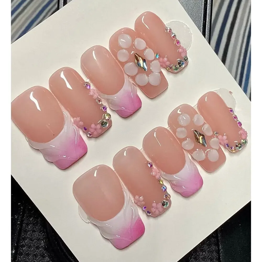 3D Flower Ombre Pink Gem French Tip Square Press On Nails Medium & Large